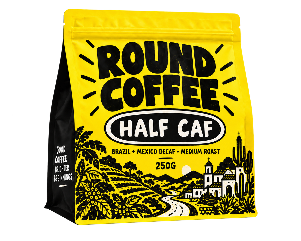 Round Coffee Half Caf yellow bag — Brazil and Mexico decaf blend