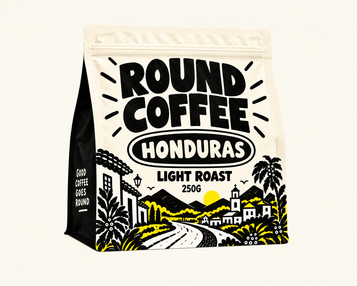 Round Coffee Honduras Light Roast cream bag with black logo and Good Coffee Goes Round side