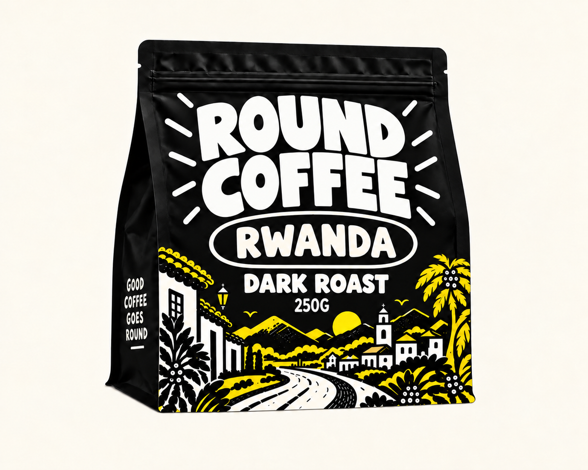 Round Coffee Rwanda Dark Roast black bag with solid white logo and Good Coffee Goes Round side